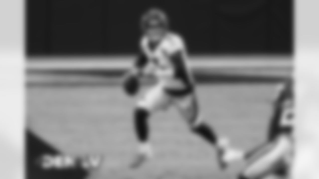Drew Lock during the first half of the Broncos' Week 10 game against the Las Vegas Raiders at Allegiant Stadium in Las Vegas, Nevada. (Photo by Gabriel Christus)