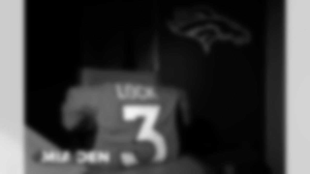 Drew Lock's jersey in the locker room before the Broncos' Week 11 game against the Miami Dolphins at Empower Field at Mile High in Denver, Colorado on November 22, 2020. (Photo by Ben Swanson)