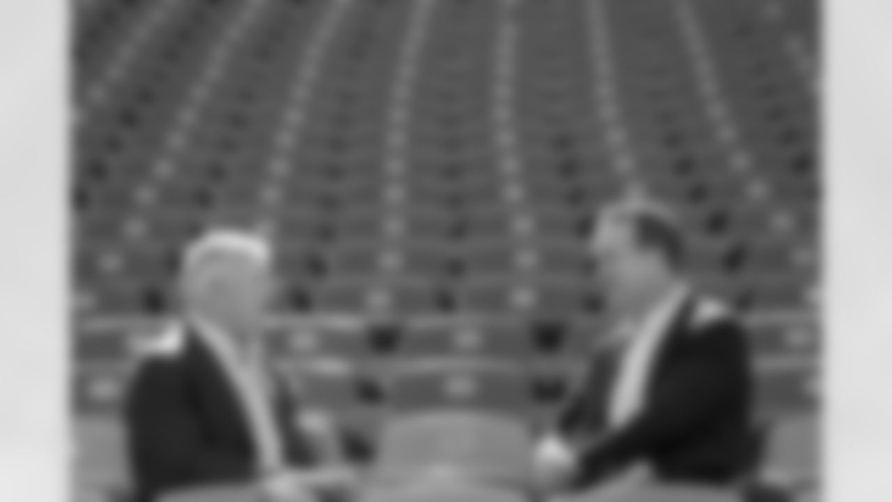 John Elway sits down with Peyton Manning for an interview in the stands during the taping of an episode of Peyton's Places at Empower Field at Mile High on June 26, 2020. (Photo by Ben Swanson)