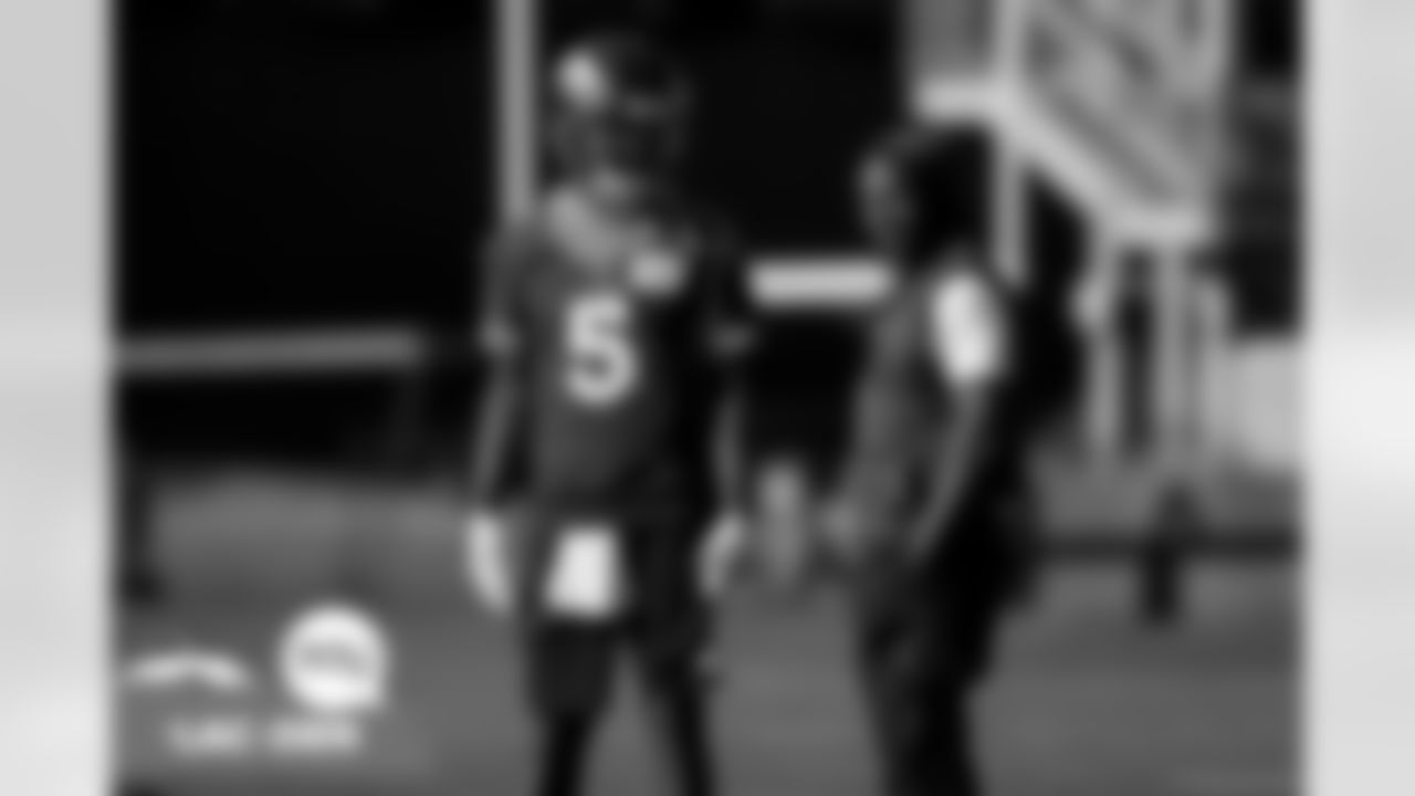 Teddy Bridgewater and KJ Hamler during practice at UCHealth Training Center in Englewood, Colorado on November 26, 2021. (Photo by Ben Swanson)