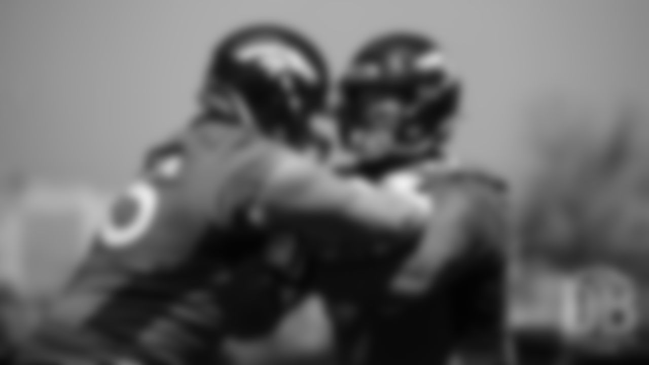 Quinn Bailey and Dalton Risner during the Broncos' practice on the eight day of their OTAs on May 30, 2019.