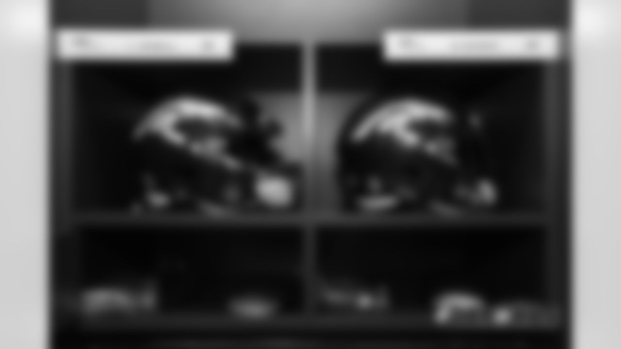 Helmets for Josey Jewell and Bo Bower in the locker room pregame before the Broncos' preseason game against the Washington Redskins at FedExField on August 24, 2018.