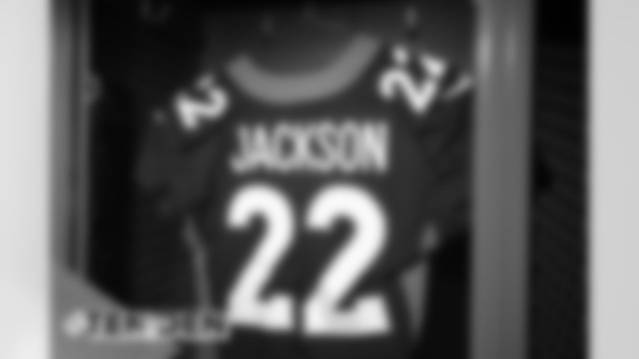 Kareem Jackson's jersey during a photoshoot of select players' blue alternate jerseys on September 11, 2020. (Photo by Ben Swanson)