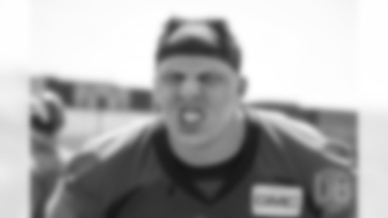 tackle Garett Bolles (72) makes a grimacing face during practice at the eighth day of OTAs on June 5, 2018.