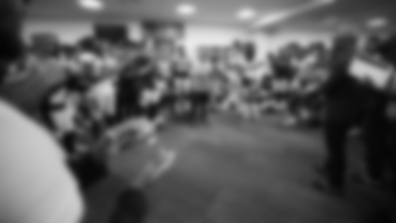 Head Coach Vic Fangio speaks to the team after a win at Tom Benson Hall of Fame Stadium in Canton, Ohio, August 01, 2019.
Photo by Gabriel Christus