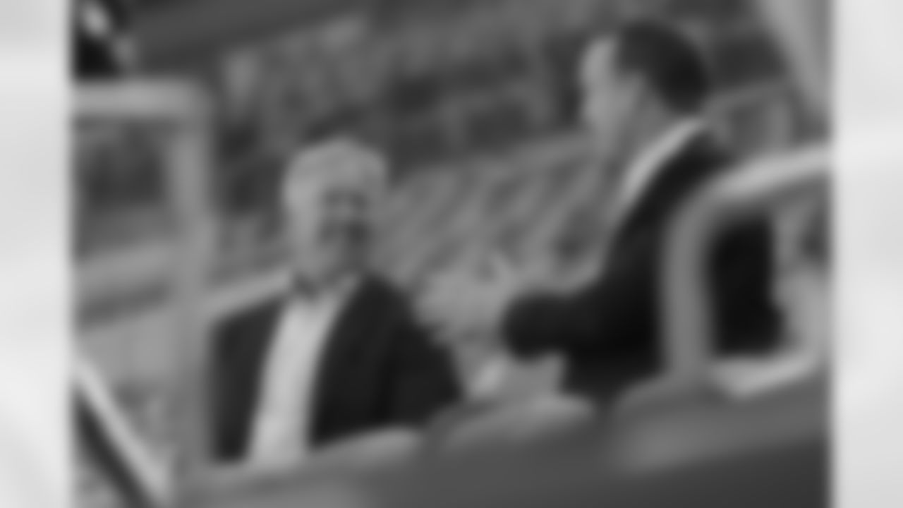 John Elway sits down with Peyton Manning for an interview in the stands during the taping of an episode of Peyton's Places at Empower Field at Mile High on June 26, 2020. (Photo by Ben Swanson)