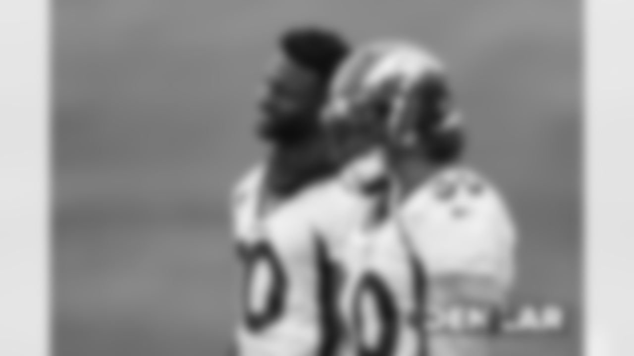 Emmanuel Sanders and Phillip Lindsay at practice on August 22, 2019 at UCHealth Training Center. (Photo by Gabriel Christus)