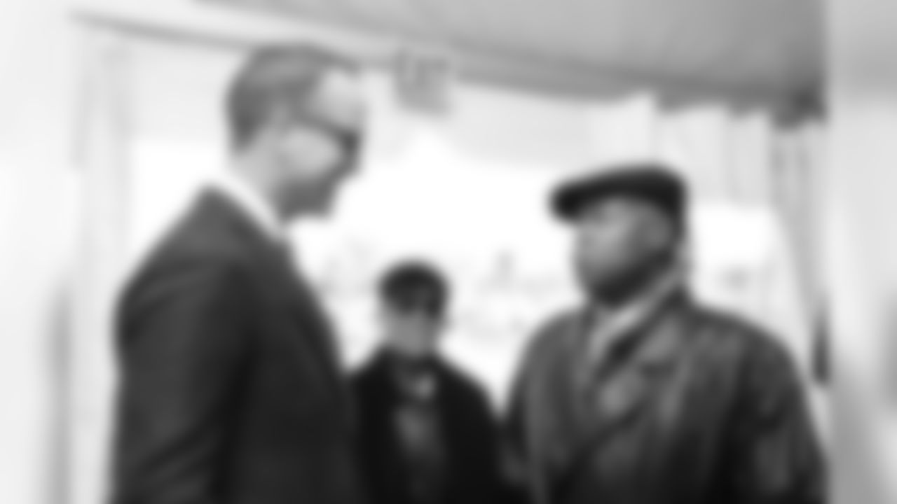 Former Broncos quarterback Peyton Manning talks with Ring of Fame wide receiver/returner Rick Upchurch at the Broncos' Ring of Fame and Fantennial event recognizing the Broncos Top 100 Team on October 11, 2019 at Empower Field at Mile High. (Photo by Gabriel Christus)