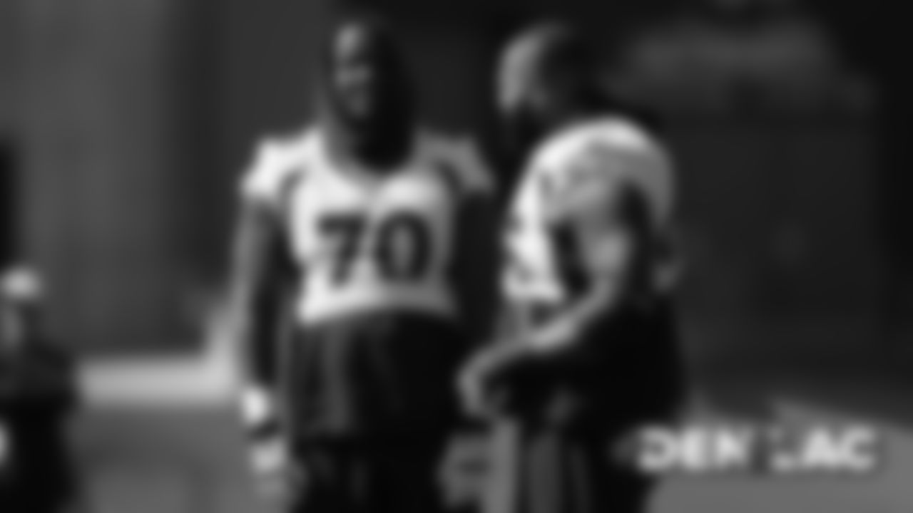 Ja'Wuan James and Ron Leary during practice at UCHealth Training Center in Centennial, CO, October 02, 2019.
Photo by Gabriel Christus