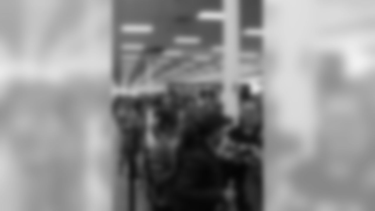 A line for autographs forms during the Denver Broncos' Salute To Service Caravan at Fort Carson, Colorado on October 30, 2018.