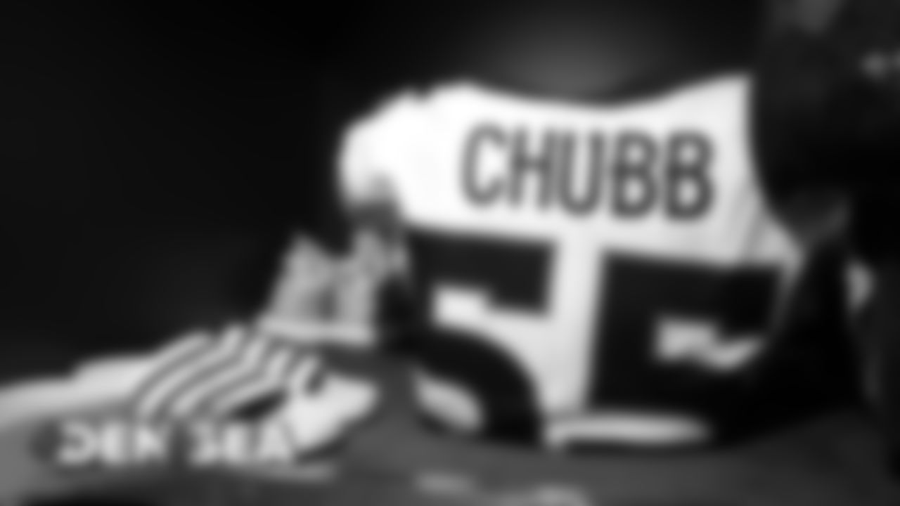 Bradley Chubb's jersey in the visiting locker room for the Broncos' preseason game against the Seattle Seahawks at CenturyLink Field on August 8, 2019.