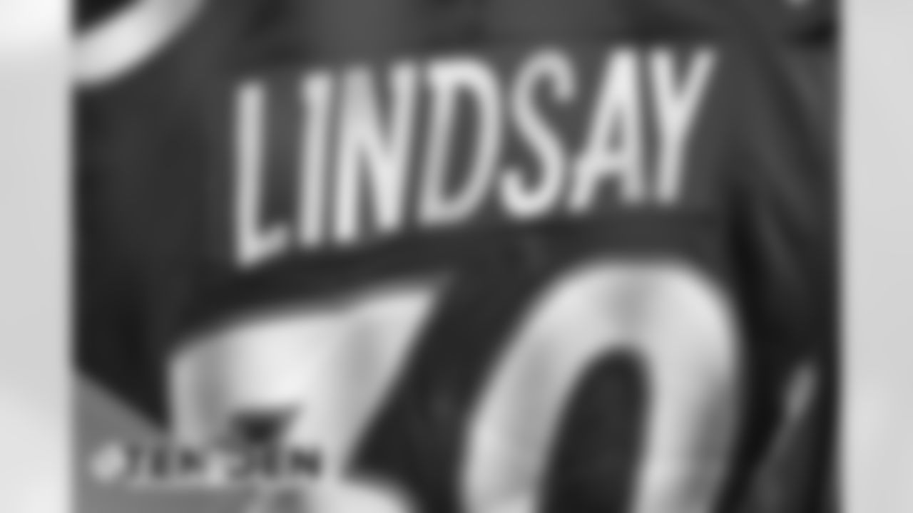 Phillip Lindsay's name plate on his jersey during a photoshoot of select players' blue alternate jerseys on September 11, 2020. (Photo by Ben Swanson)