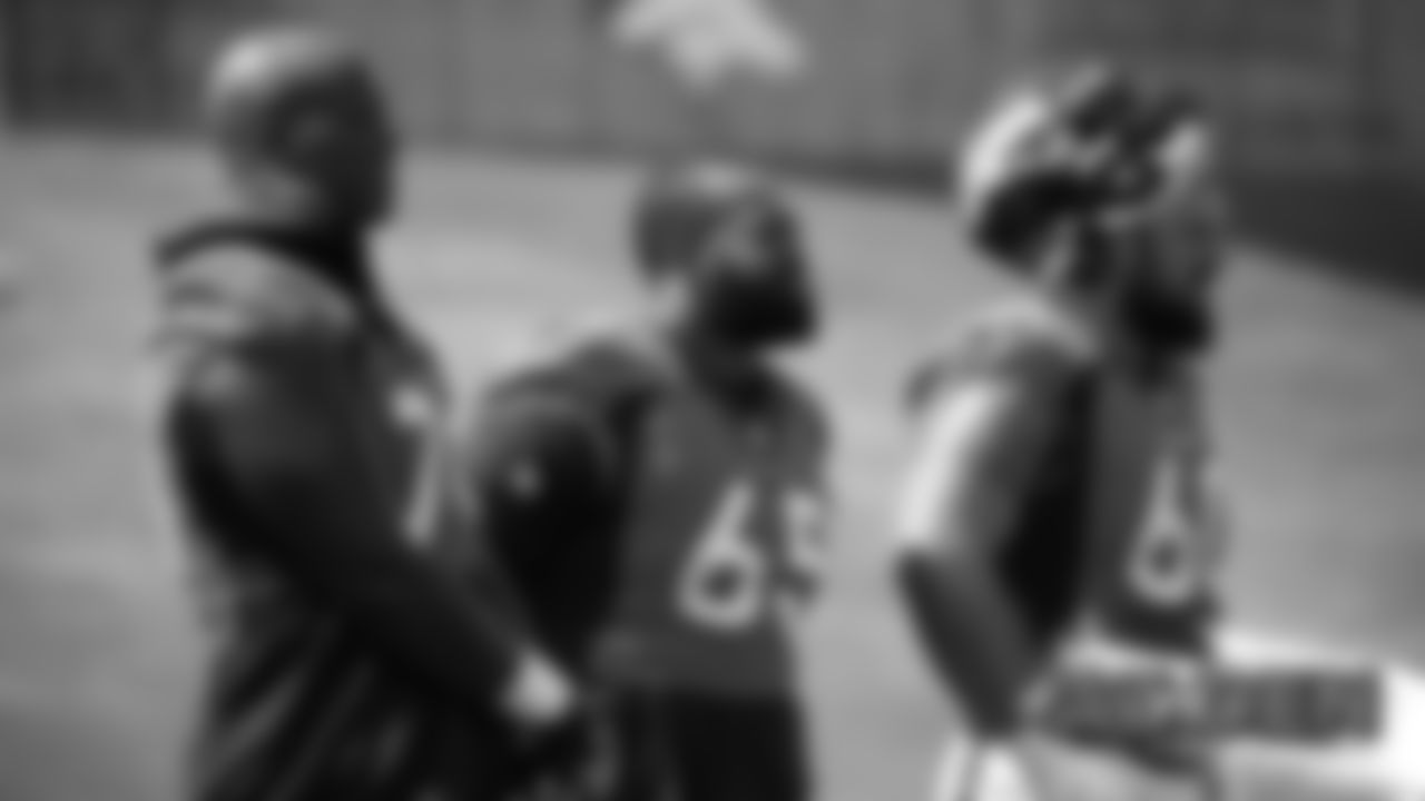 Ja'Wuan James, Ron Leary and Connor McGovern at practice at UCHealth Training Center on August 27, 2019. (Photo by Ben Swanson)
