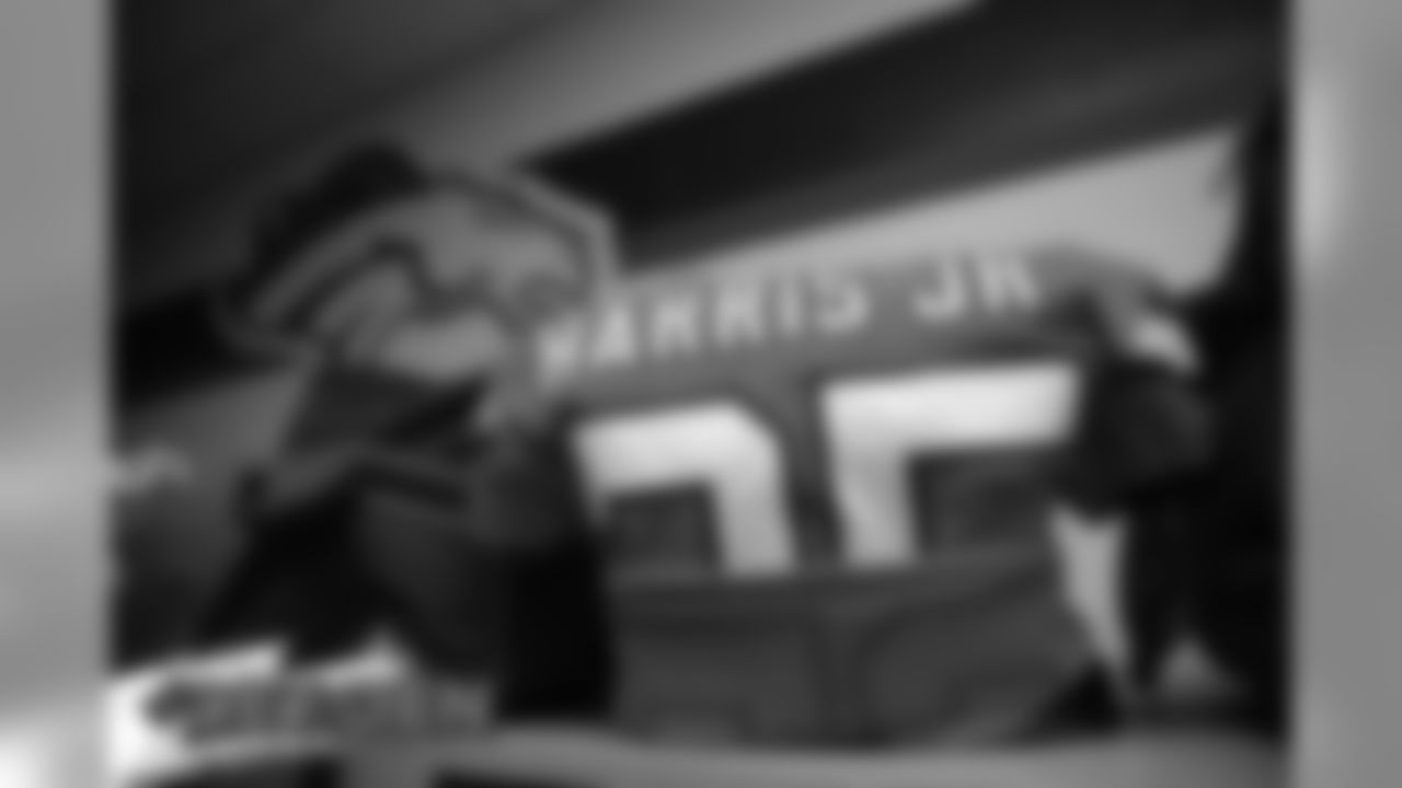 Chris Harris Jr.'s jersey in the locker room before the Broncos' game against the Detroit Lions at Empower Field at Mile High on December 22, 2019. (Photo by Ben Swanson)