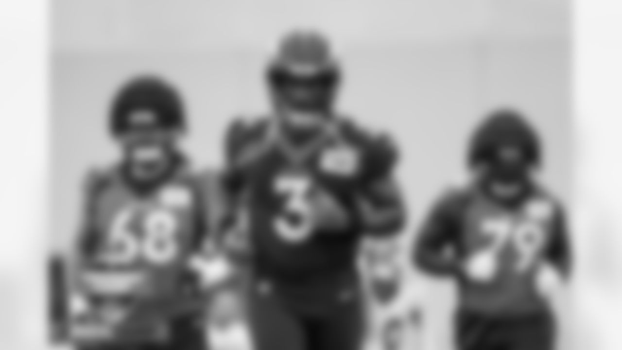 Russell Wilson at practice on Day 2 of training camp at UCHealth Training Center in Englewood, Colorado on July 28, 2022. (Photo by Ben Swanson)