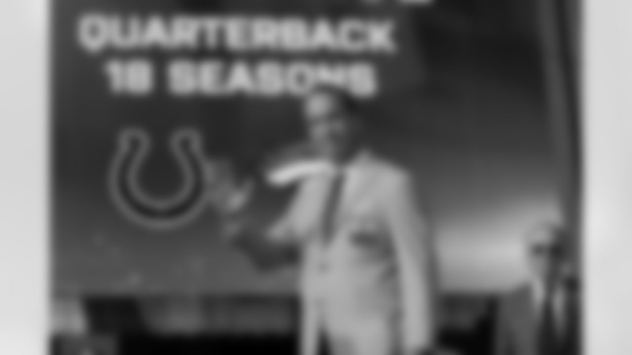 Peyton Manning on stage during the 2021 Hall of Fame Weekend on Sunday, August 8, 2021 in Canton, Ohio. (Aaron Doster/NFL)