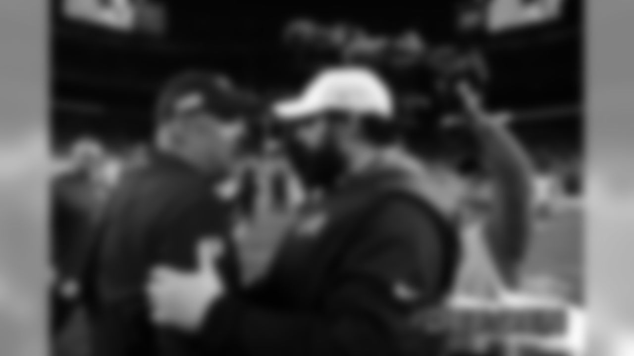Head Coach Vic Fangio greets Lions head coach Matt Patricia after the Broncos' game against the Detroit Lions at Empower Field at Mile High on December 22, 2019. (Photo by Eric Lars Bakke)