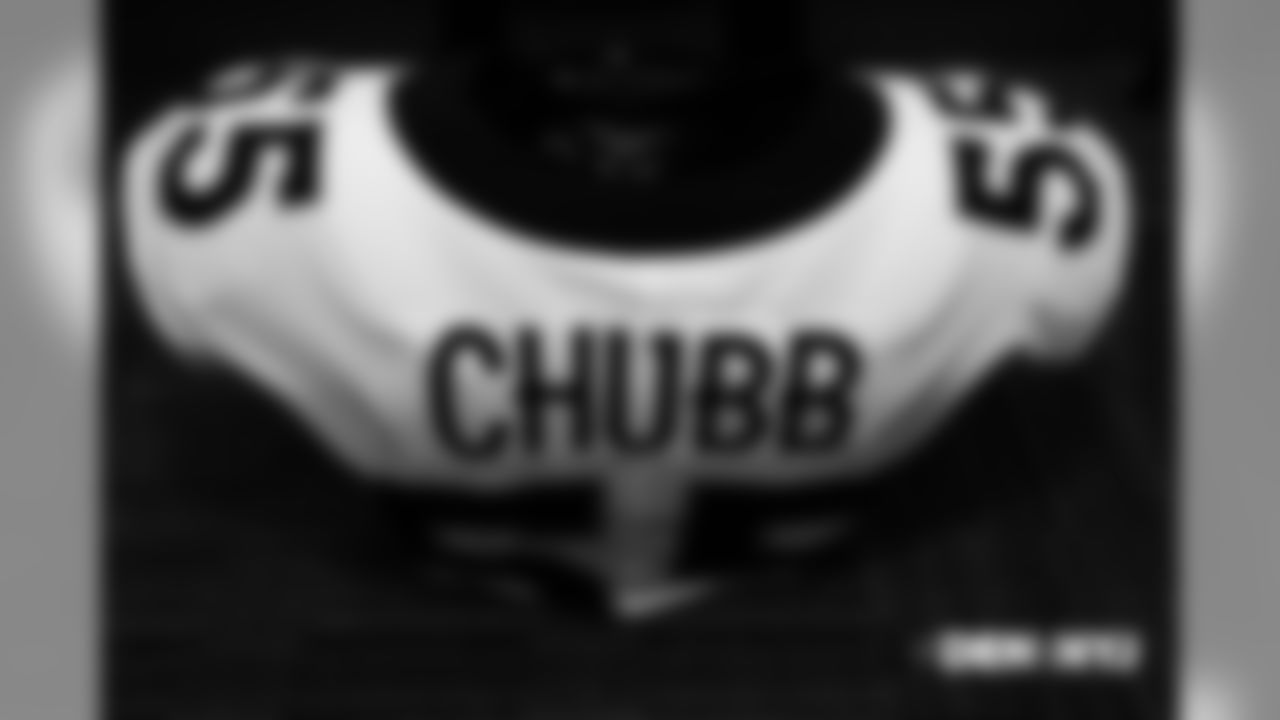 Bradley Chubb's jersey in the locker room pregame before the Broncos' Week 5 game against the New York Jets at MetLife Stadium on October 7, 2018.