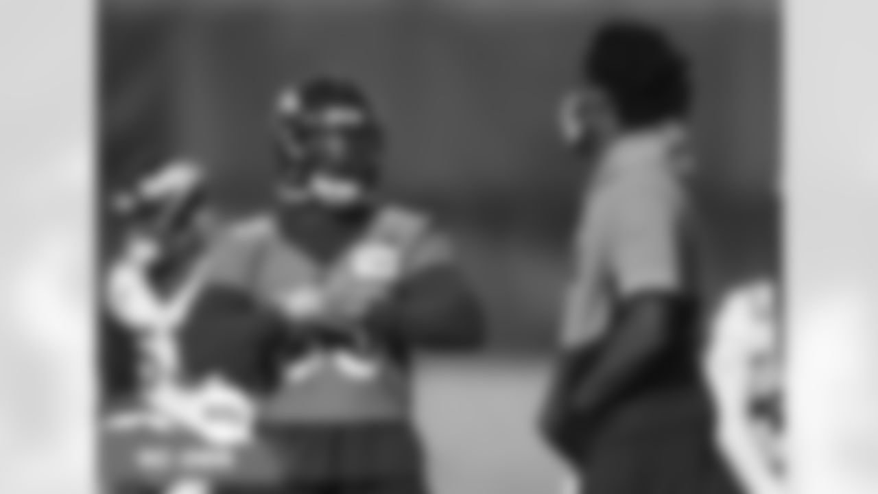 Javonte Williams and Teddy Bridgewater during practice on Wednesday, January 5, 2022 at UCHealth Training Center in Englewood, Colorado.