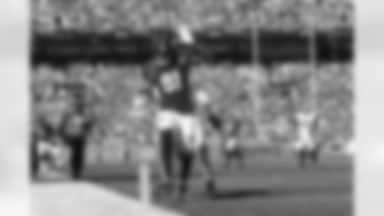 Denver Broncos wide receiver Tim Patrick (81) scores a touchdown on the opening drive during the NFL game against the Las Vegas Raiders on Sunday, October 17, 2021 at Empower Field at Mile High in Denver, Colorado.
Photo by Gabriel Christus