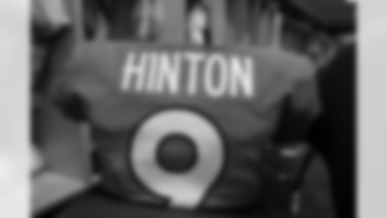 Kendall Hinton's jersey in the locker room before the Broncos' preseason Week 3 game against the Los Angeles Rams at Empower Field at Mile High in Denver, Colorado on August 28, 2021. (Photo by Ben Swanson)
