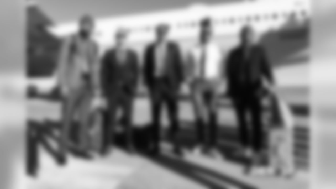 Andre Holmes, River Cracraft, Courtland Sutton, Tim Patrick and DaeSean Hamilton walks on the tarmac during the team's travel to San Francisco on December 8, 2018 for their Week 14 game against the 49ers.