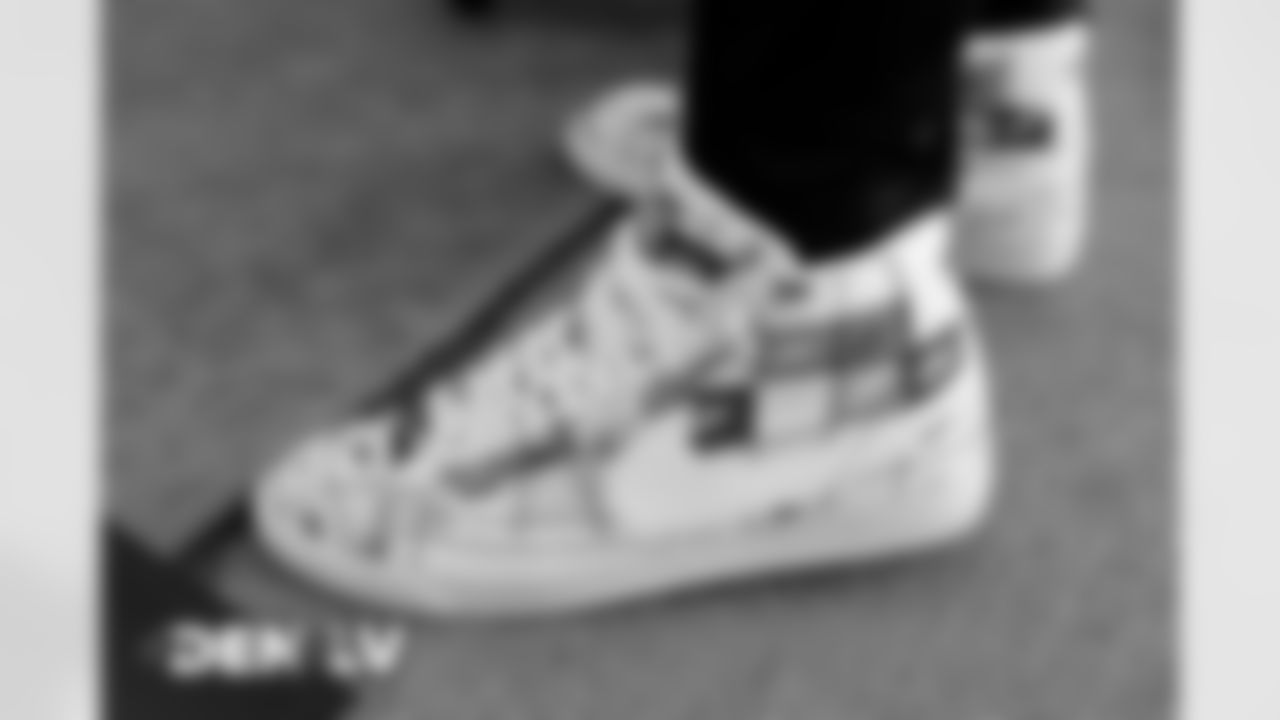 A closer look at Nick Vannett's shoes on the tarmac at Denver International Airport on November 14, 2020 during the team's travel to Las Vegas for a Week 10 game against the Raiders. (Photo by Joe Abdellah)
