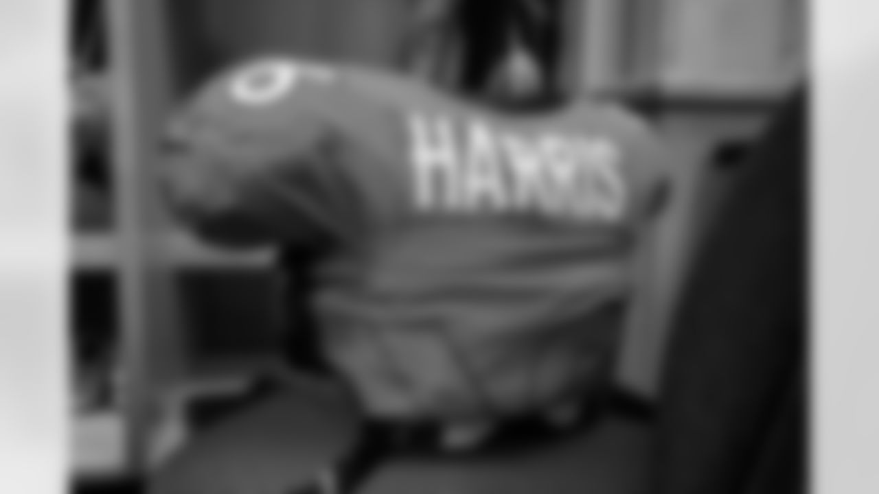 Shelby Harris's jersey in the locker room before the Broncos' preseason Week 3 game against the Los Angeles Rams at Empower Field at Mile High in Denver, Colorado on August 28, 2021. (Photo by Ben Swanson)