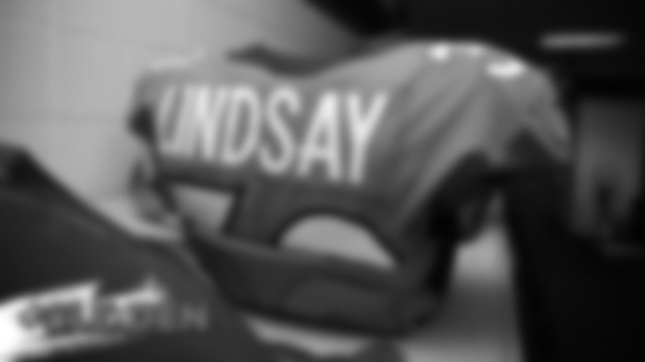 Phillip Lindsay's jersey in the locker room before the Broncos' game against the Cleveland Browns at Empower Field at Mile High on November 3, 2019. (Photo by Ben Swanson)