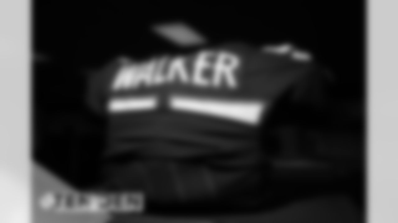 DeMarcus Walker's jersey in the locker room before the Broncos' Week 1 game against the Tennessee Titans at Empower Field at Mile High in Denver, Colorado, on September 14, 2020. (Photo by Ben Swanson)