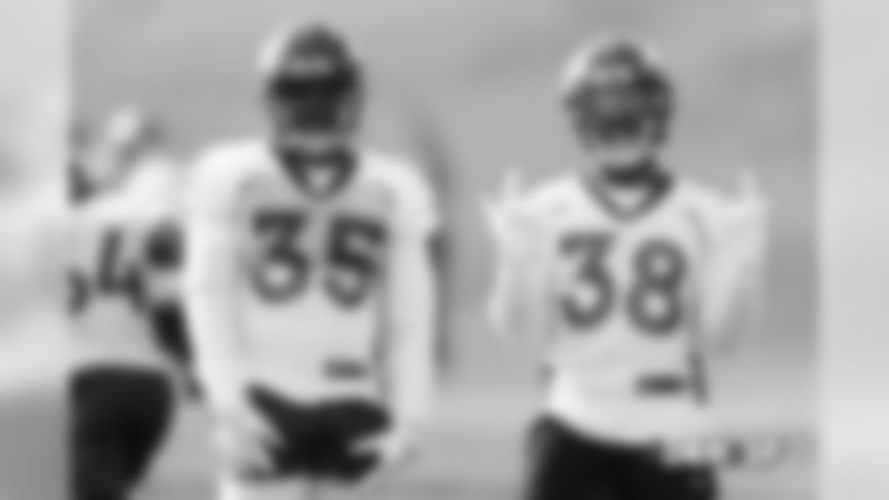 Dymonte Thomas and Shamarko Thomas during practice at UCHealth Training Center in Centennial, CO, December 05, 2018.
Photo by Gabriel Christus