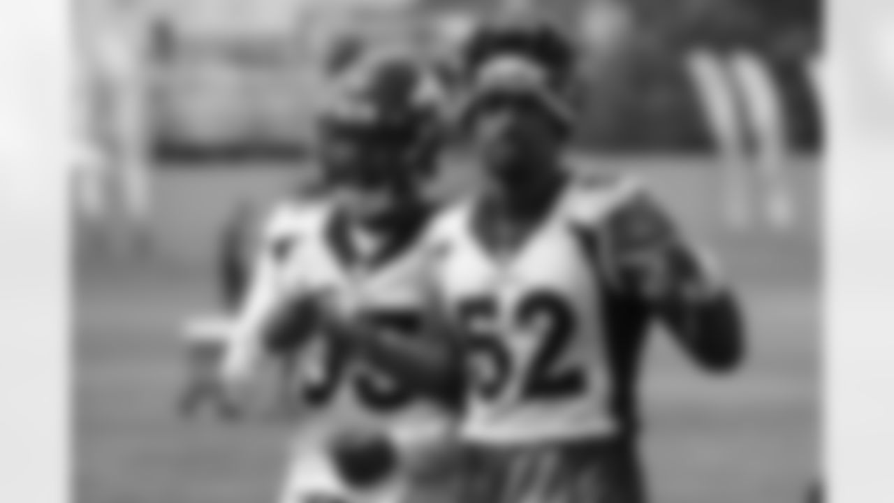 Justin Hollins and Bradley Chubb during training camp at UCHealth Training Center in Centennial, CO, August 24, 2020.
Photo by Gabriel Christus