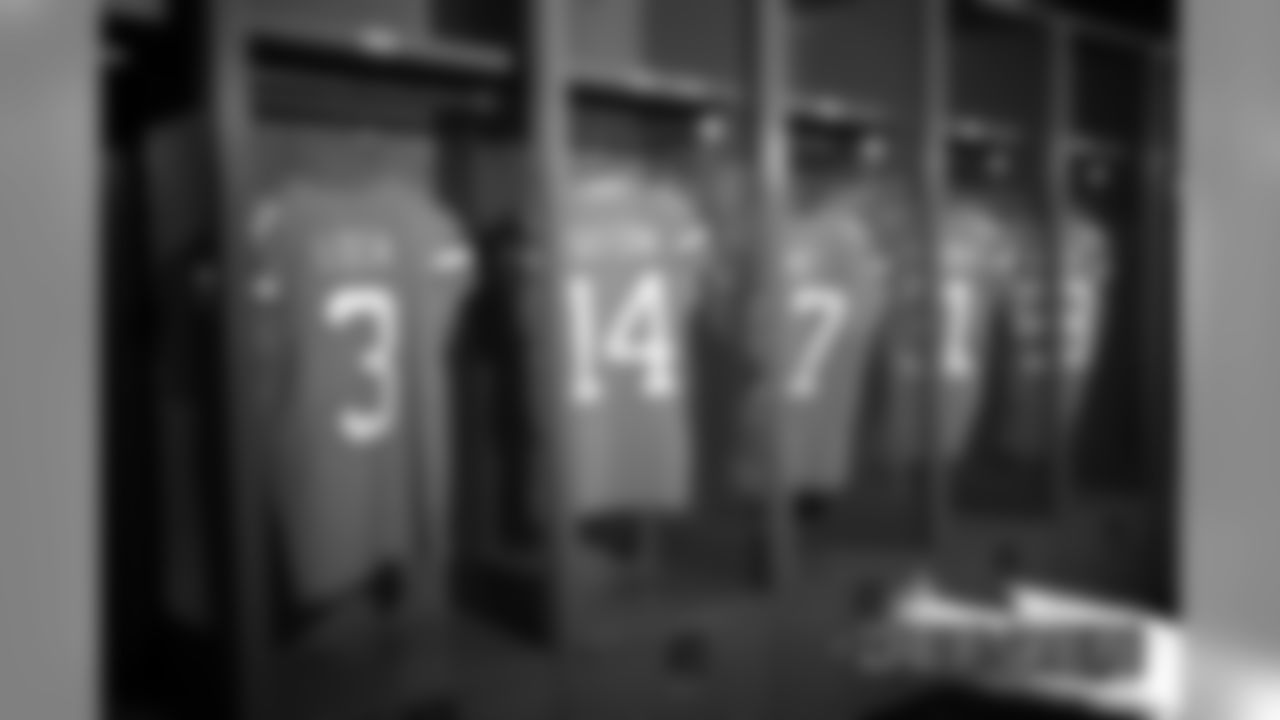 A preview of Drew Lock's, Courtland Sutton's, Noah Fant's, Justin Simmons' and Von Miller's Color Rush jerseys during a photoshoot ahead of the team's Week 16 game against the Lions on December 18, 2019 at UCHealth Training Center. (Photo by Ben Swanson)