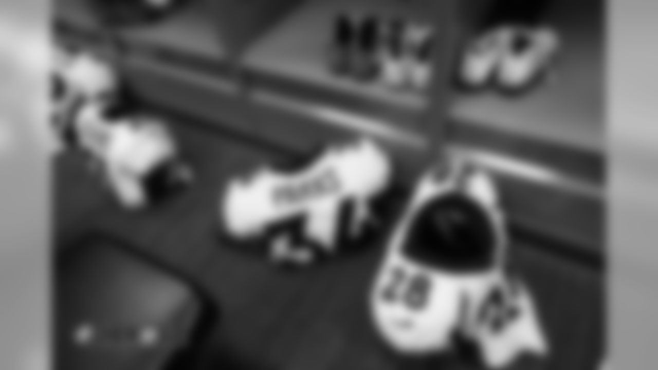The pads for safety Su'a Cravens (21), safety Will Parks (34) and safety Will Parks (34) in the locker room pregame before the Broncos' preseason game against the Arizona Cardinals on August 30, 2018.