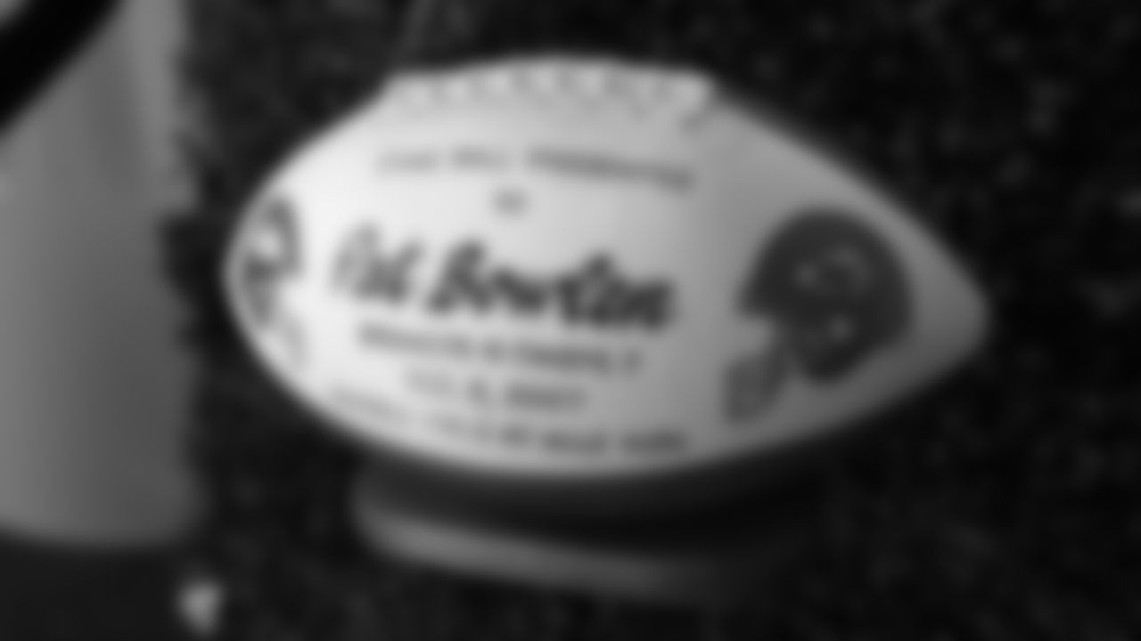 Mr. Bowlen's game ball from the Broncos' December 9, 2007, victory over the Chiefs is featured in a display at the open-house tribute to Pat Bowlen at Broncos Stadium at Mile High on June 18, 2019.
