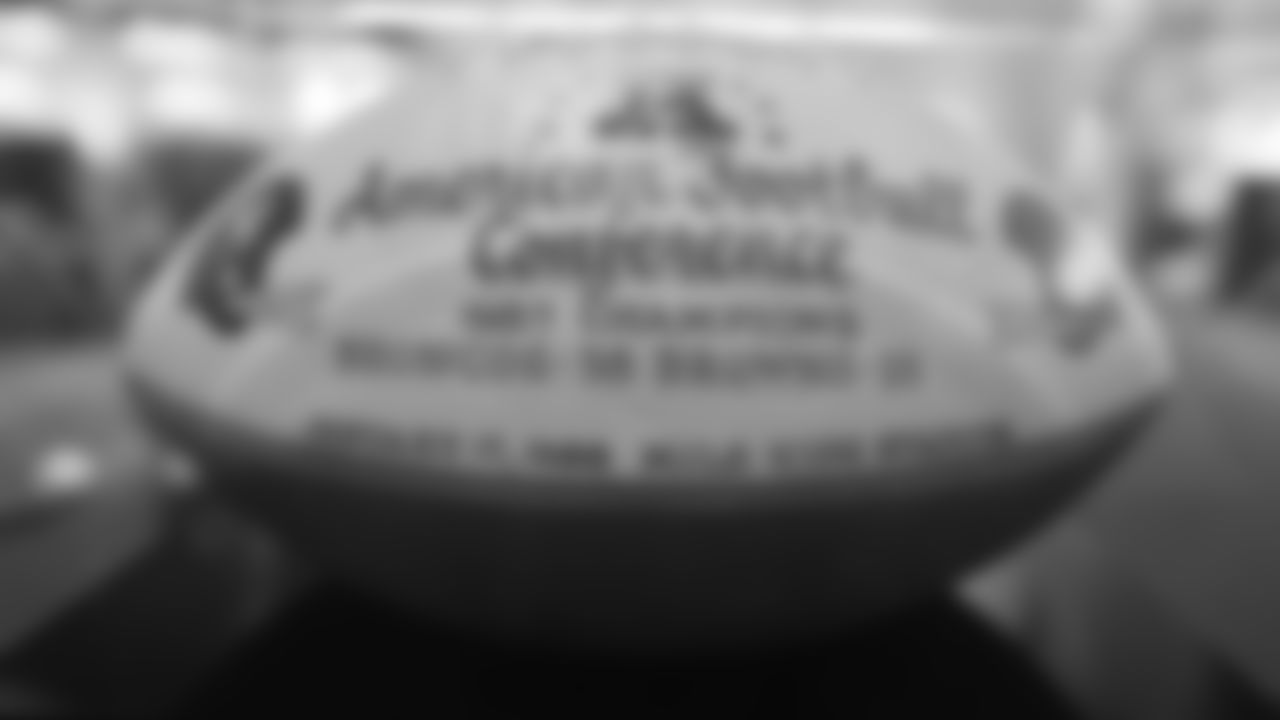 A game ball commemorating the Broncos' victory over the Browns in the 1987 AFC Championship Game is featured in a display at the open-house tribute to Pat Bowlen at Broncos Stadium at Mile High on June 18, 2019.