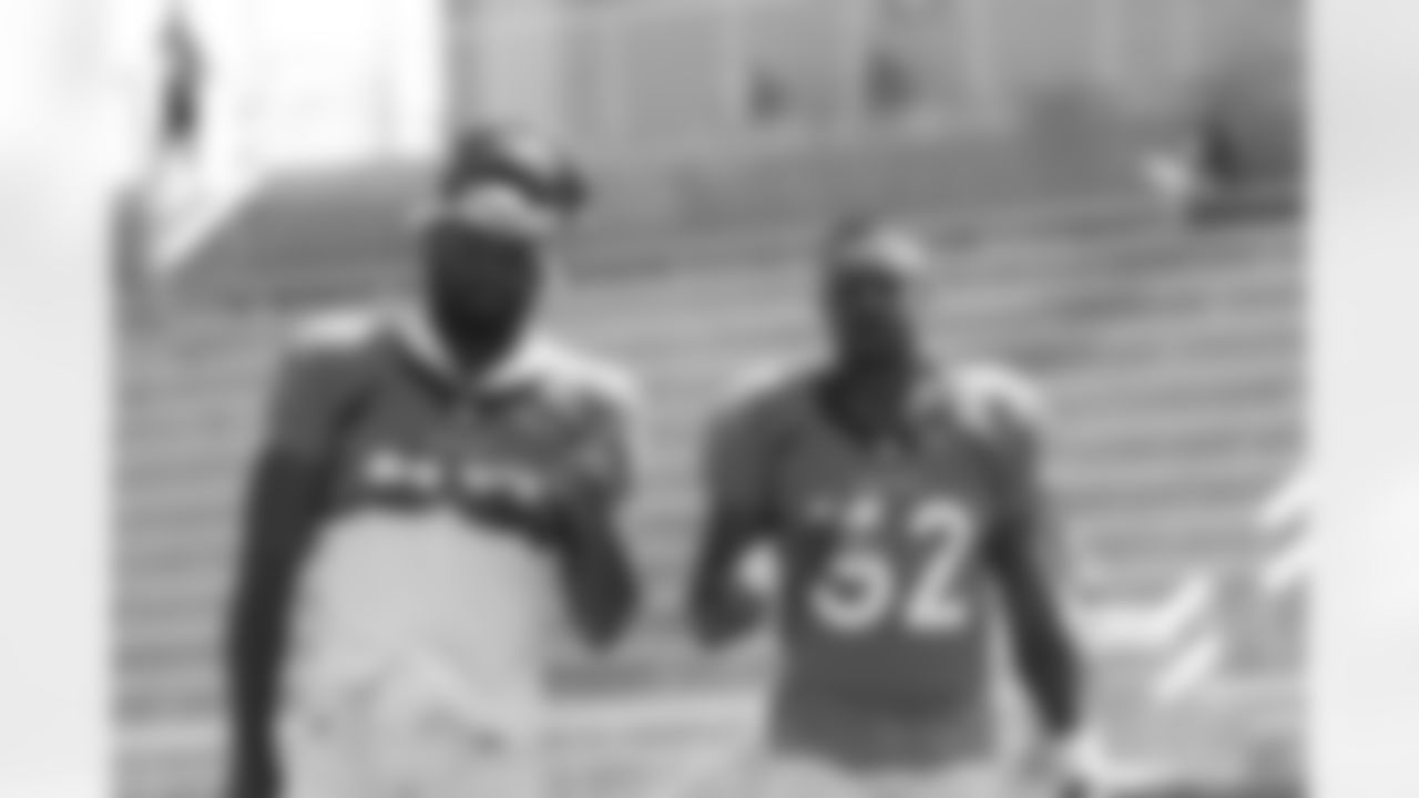 Royce Freeman and LeVante Bellamy during joint practice with the Minnesota Vikings on Wednesday, August 11, 2021 at TCO Performance Center in Eagan, Minnesota.
Photo by Gabriel Christus