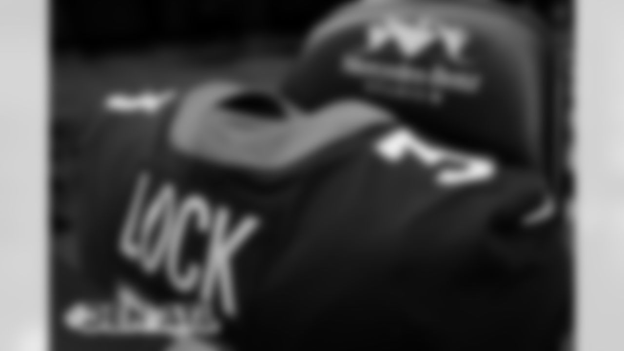 Drew Lock's jersey in the locker room before the Broncos' Week 9 game against the Atlanta Falcons at Mercedes-Benz Stadium in Atlanta, Georgia. (Photo by Gabriel Christus)