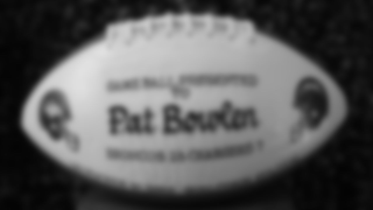 Mr. Bowlen's game ball from the Broncos' December 31, 2005, victory over the Chargers is featured in a display at the open-house tribute to Pat Bowlen at Broncos Stadium at Mile High on June 18, 2019.