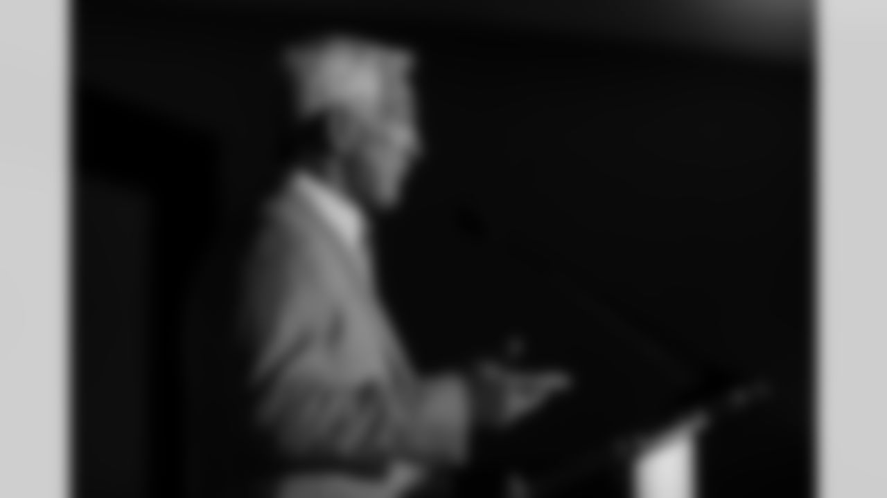 Mike Shanahan speaks during the Alumni Weekend orange jacket presentation and Mike Shanahan's induction speech at Empower Field at Mile High in Denver, Colorado on October 15, 2021. (Photo by Ben Swanson)