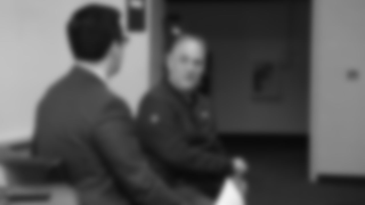 Head Coach Vic Fangio speaks with Q&A emcee Phil Milani at a meet-and-greet visit with team employees at Broncos Stadium at Mile High on March 19, 2019.