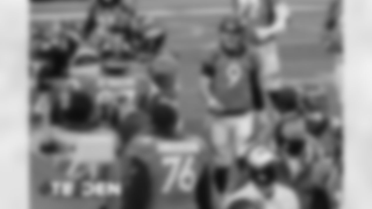 Jeff Driskel on the sideline during the second half of the Broncos' Week 3 game against the Tampa Bay Buccaneers at Empower Field at Mile High on September 27, 2020. (Photo by Ben Swanson)