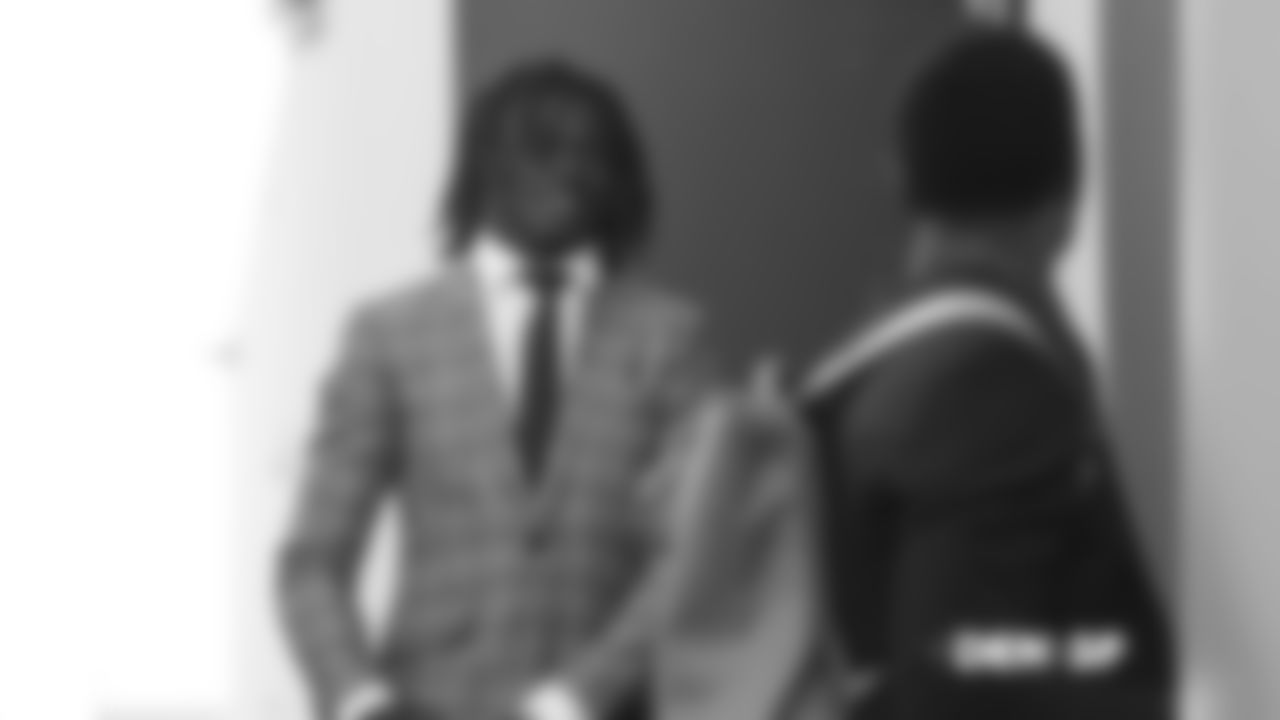 Isaac Yiadom walks to the buses at UCHealth Training Center during the team's travel to San Francisco on December 8, 2018 for their Week 14 game against the 49ers.