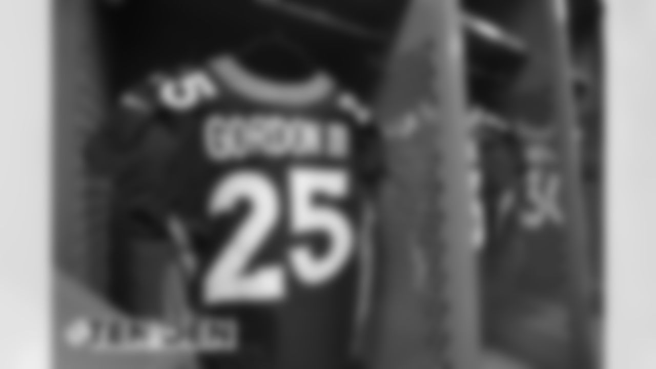 Melvin Gordon III's jersey during a photoshoot of select players' blue alternate jerseys on September 11, 2020. (Photo by Ben Swanson)