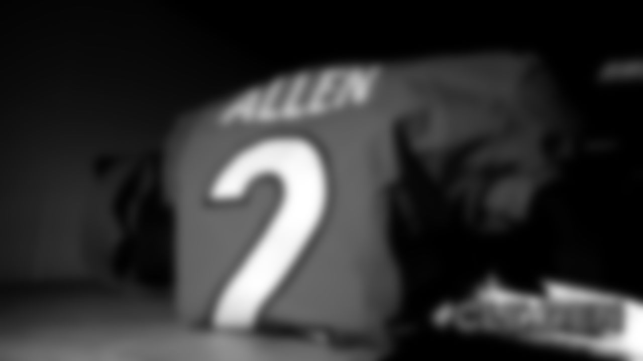 Brandon Allen's jersey in the locker room before the Broncos' game against the Cleveland Browns at Empower Field at Mile High on November 3, 2019. (Photo by Ben Swanson)