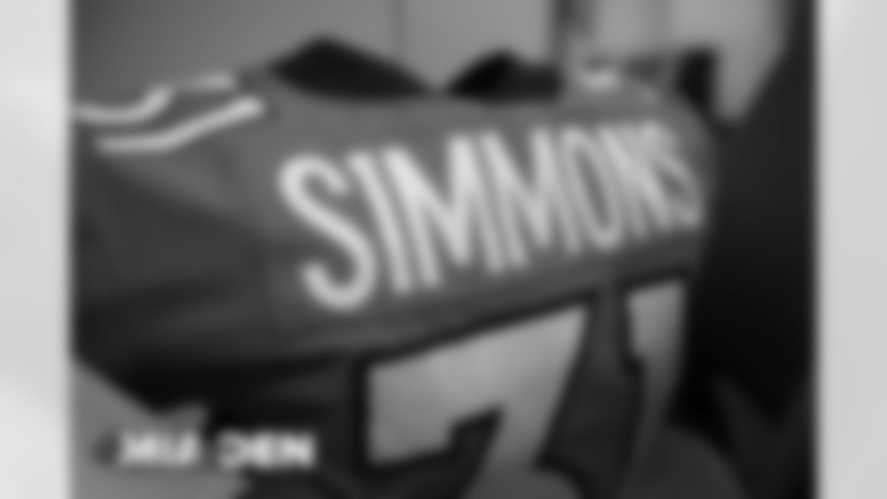 Justin Simmons's jersey in the locker room before the Broncos' Week 11 game against the Miami Dolphins at Empower Field at Mile High in Denver, Colorado on November 22, 2020. (Photo by Ben Swanson)