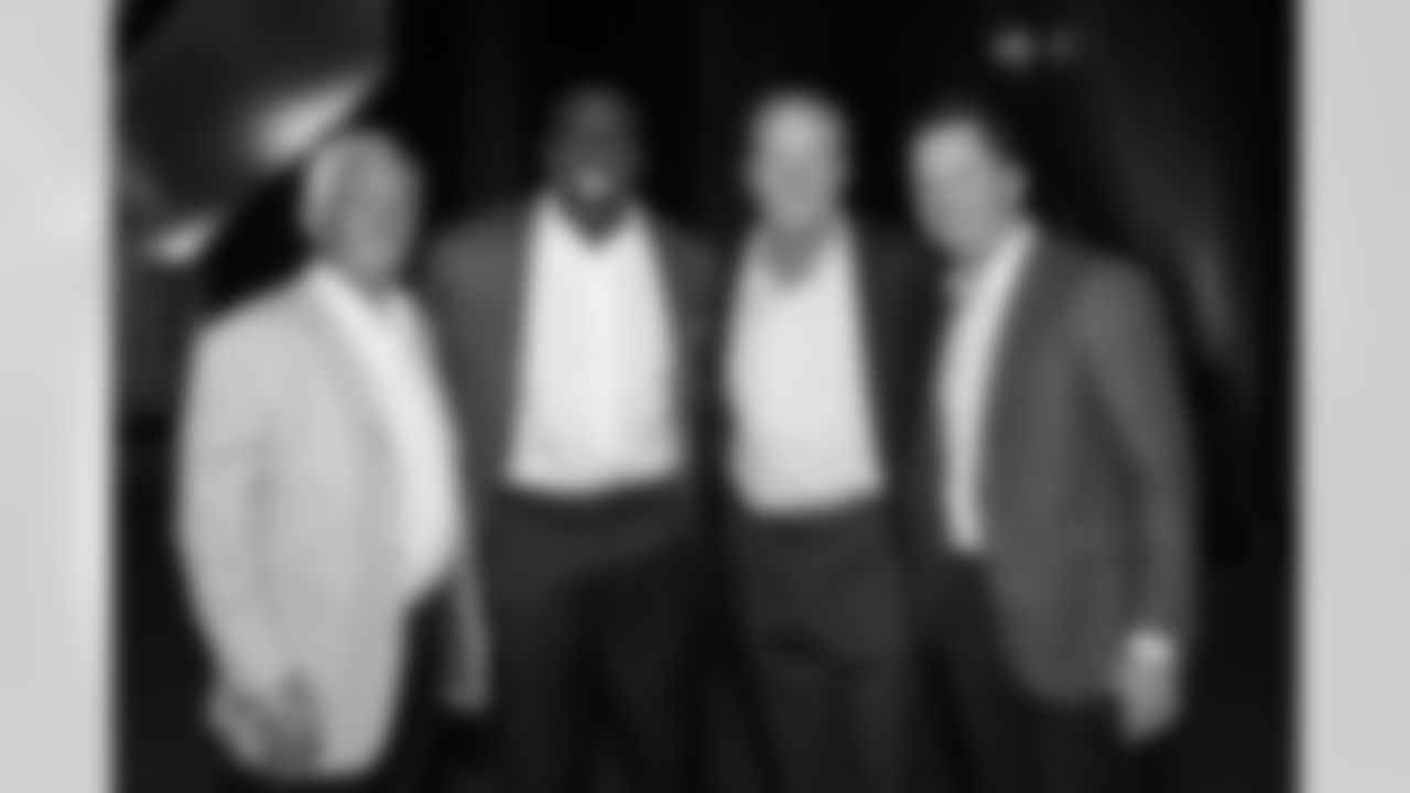 Mike Shanahan, Shannon Sharpe, John Elway and General Manager George Paton at the Super Bowl XXXII reunion celebration in Denver, Colorado on October 22, 2022. (Photo by Gabriel Christus)