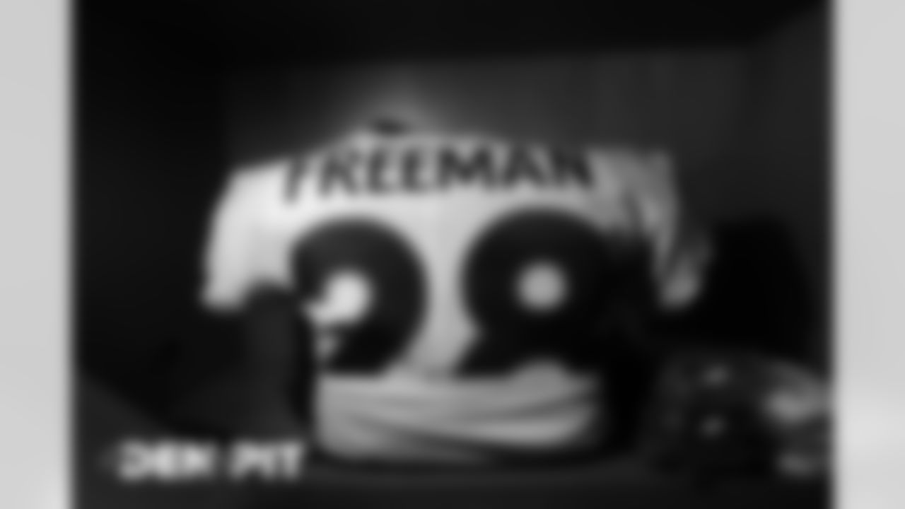 Royce Freeman's jersey and pads in the locker room before the Broncos' Week 2 game against the Pittsburgh Steelers at Heinz Field in Pittsburgh, Pennsylvania, on September 20, 2020. (Photo by Ben Swanson)