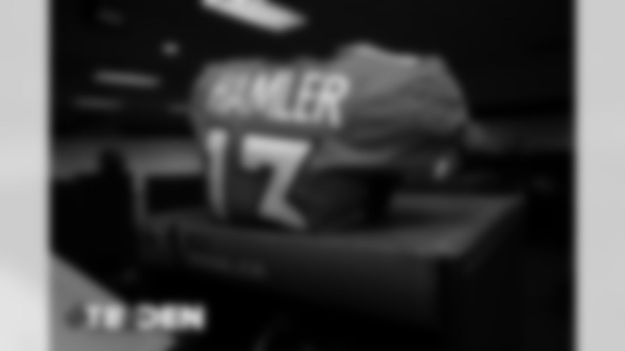 KJ Hamler's jersey in the locker room before the Broncos' Week 3 game against the Tampa Bay Buccaneers at Empower Field at Mile High on September 27, 2020. (Photo by Ben Swanson)