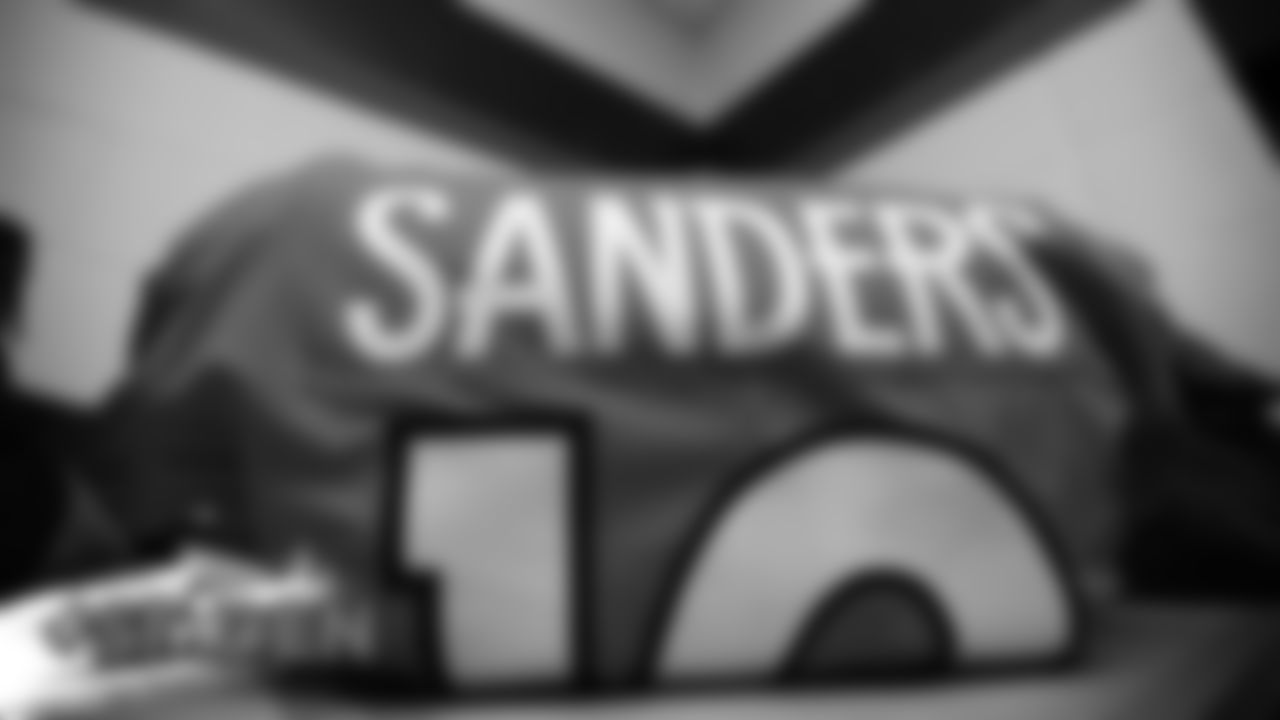 Emmanuel Sanders' jersey inside the locker room before the Broncos' preseason game against the San Francisco 49ers on August 19, 2019 at Broncos Stadium at Mile High in Denver, Colorado.